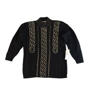 Vintage 80s NEW Womens Beaded Sweater Black Gild Silver Beads Large EMBELLISHED